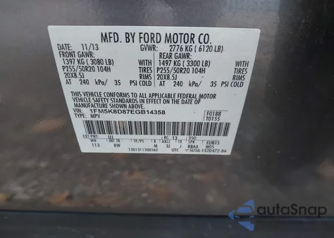 2014 Ford Explorer Xlt из США, поврежденный, VIN 1FM5K8D87EGB14358